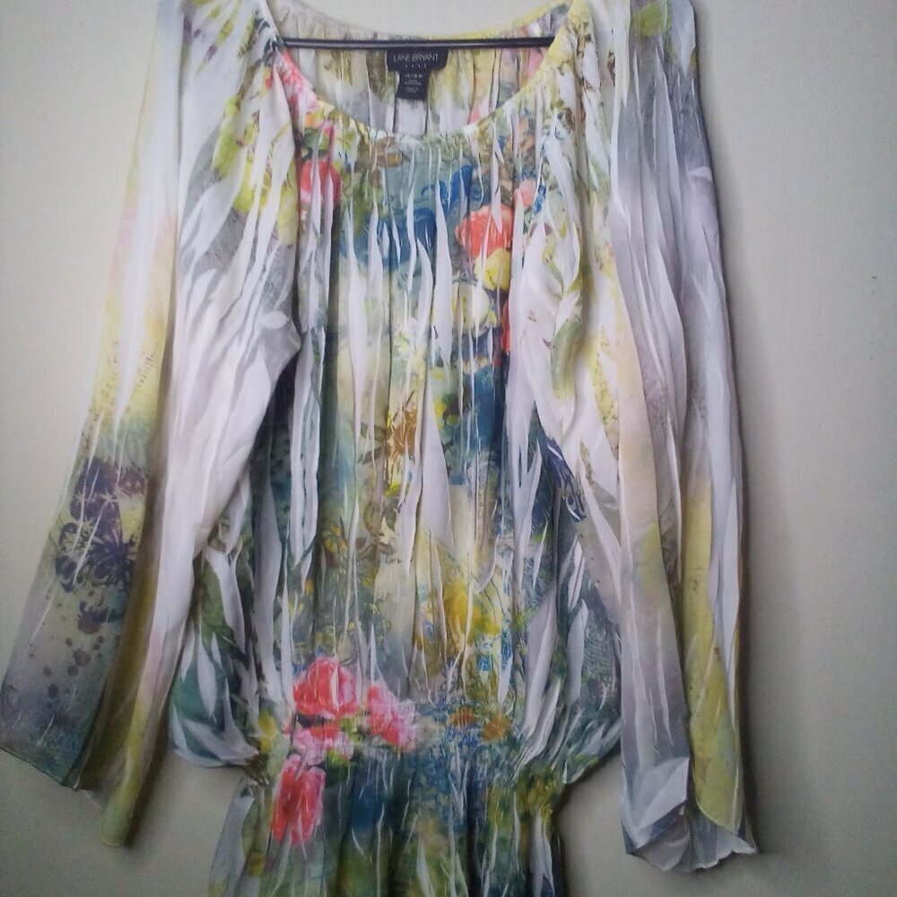 Lane Bryant Blouse Shirt 14 16 Long Sleeve Sheer Elastic Waist Floral Colorful
